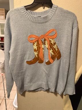 Light Blue Crewneck Sweater with Embroidered Cowboy Boot Motif